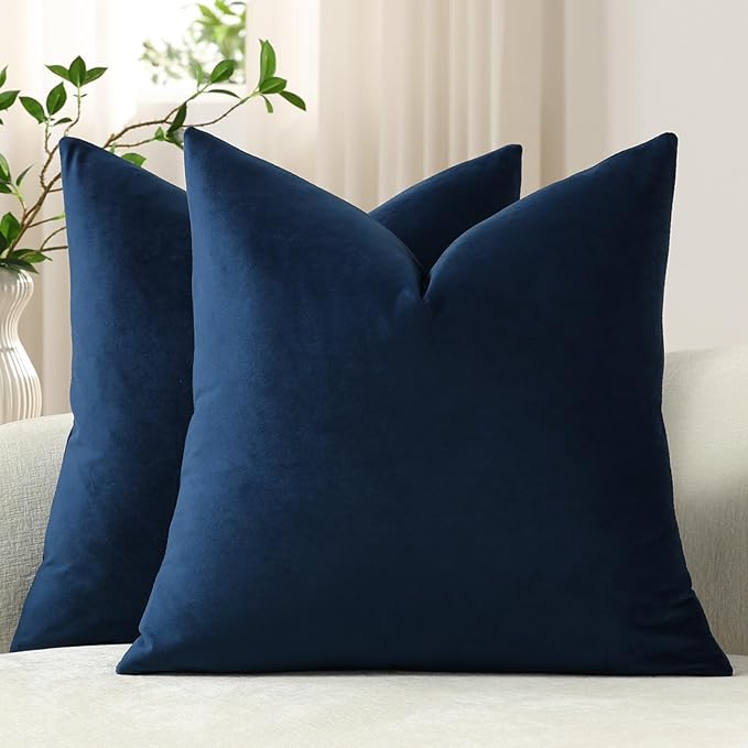Euro Sham Covers 24x24 Midnight Blue: Pack of 2 Cozy Soft Velvet Square Modern Luxury Decorative Throw Pillow Cases for Sofa Couch Living Room Bed Home Decor