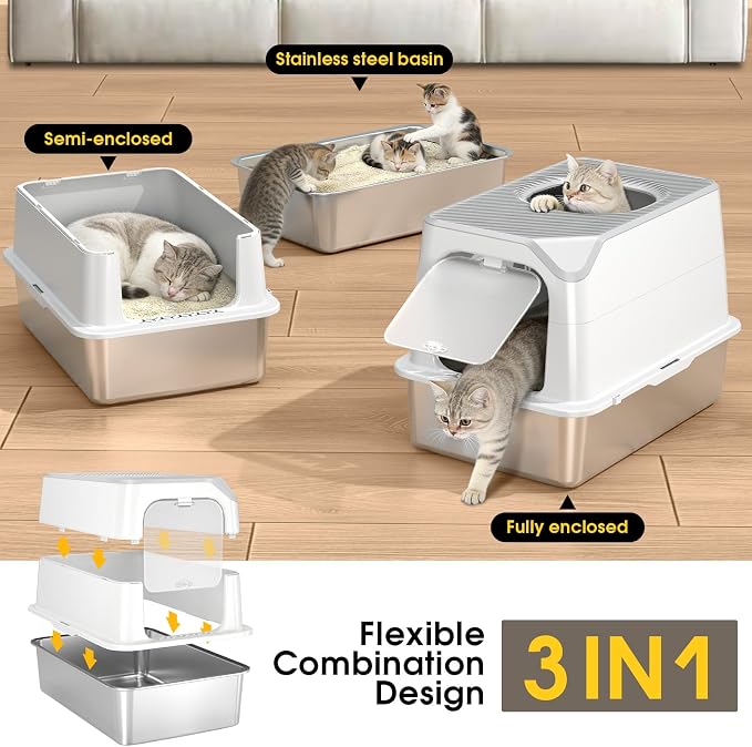 Enclosed Stainless Steel Litter Box with Lid for Most Adult Cats | 50% Thicker Metal, Dog Proof, Front & Top Entry, Leak-Proof Base, Scratch Resistant, Easy Clean
