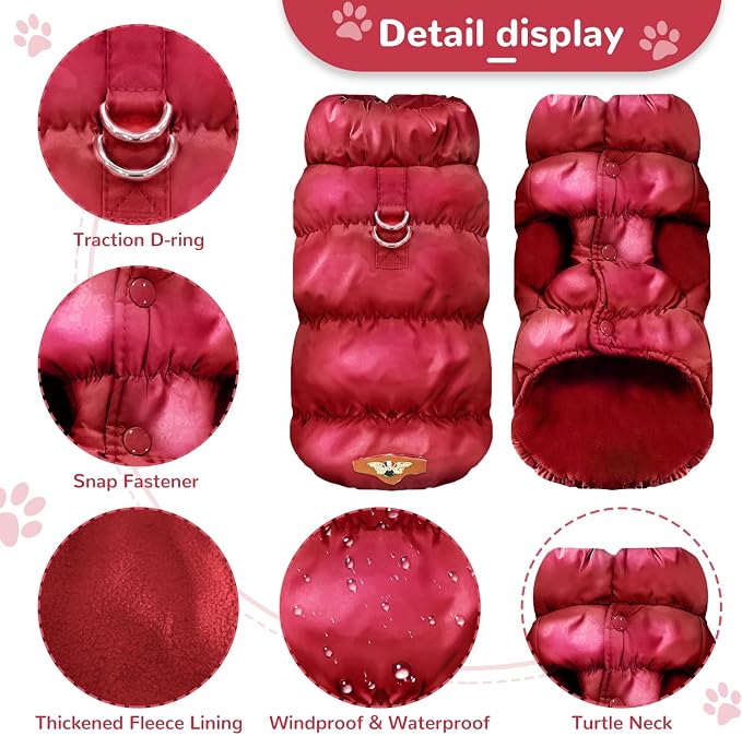 ABRRLO Winter Warm Dog Jacket for Small Medium Dogs Cat Cold Weather Coats with Harness Paded Dogs Fleece Vest Waterproof Windproof Dog Snow Jacket Pet Puppy Clothes (Wine red,S)