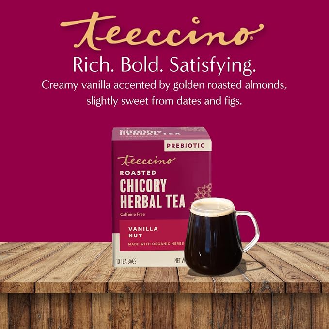 Teeccino Vanilla Nut Herbal Tea - Rich & Roasted Herbal Tea That’s Caffeine Free & Prebiotic for Natural Energy, 10 Tea Bags