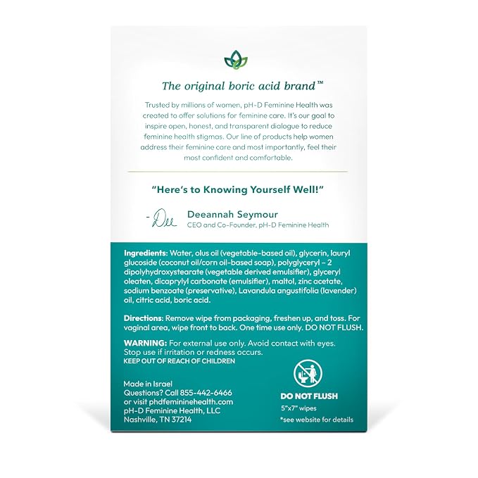 pH-D Feminine Health Support - Boric Acid Wipes - Holistic Body Wipes - Travel Friendly, pH-Balanced, Paraben-Free, and Made with Essential Oils - Sensitive - 20 count