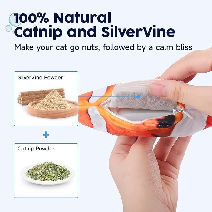 Potaroma Cat Toys Flopping Fish with SilverVine and Catnip | Moving Kitten Kicker, Floppy Wiggle Clownfish for Small Dogs, Motion Kitty Interactive Exercise, 10.5 Inches