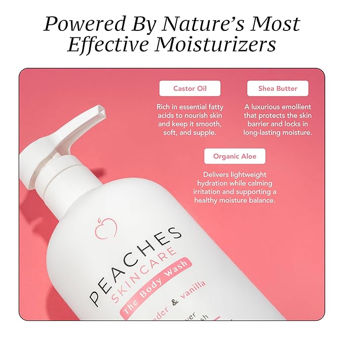 Peaches Skin Care Body Wash with Lavender and Vanilla - Gentle, Sulfate-Free Cleanser for Soft, Smooth-Looking Skin - Daily Body Wash for Men and Women, 16 oz