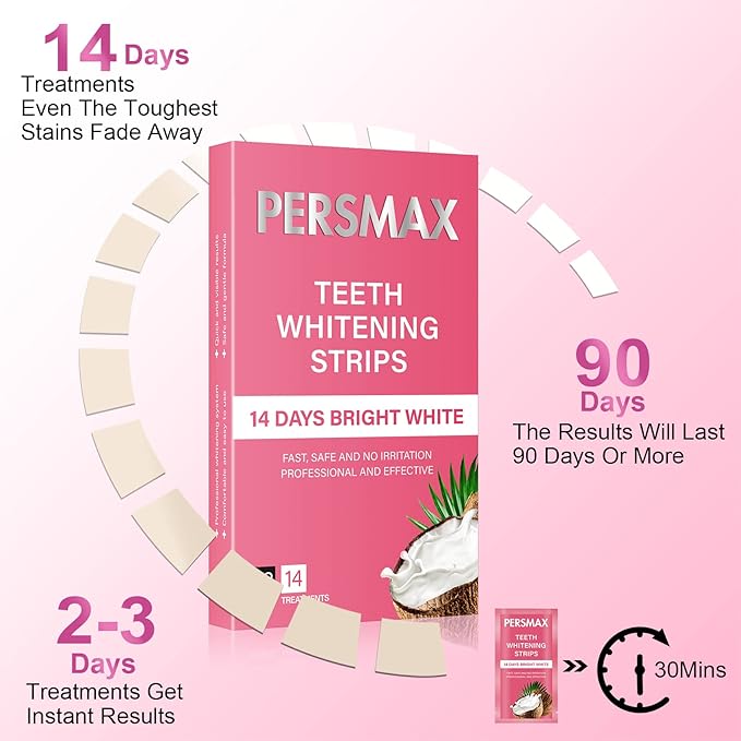 PERSMAX Teeth Whitening Strips for Sensitive Teeth Enamel Safe Smile Whitening Kit, 28 Strips 14 Treatments, No-Slip Remove Coffee Wine Smoking Stains Professional