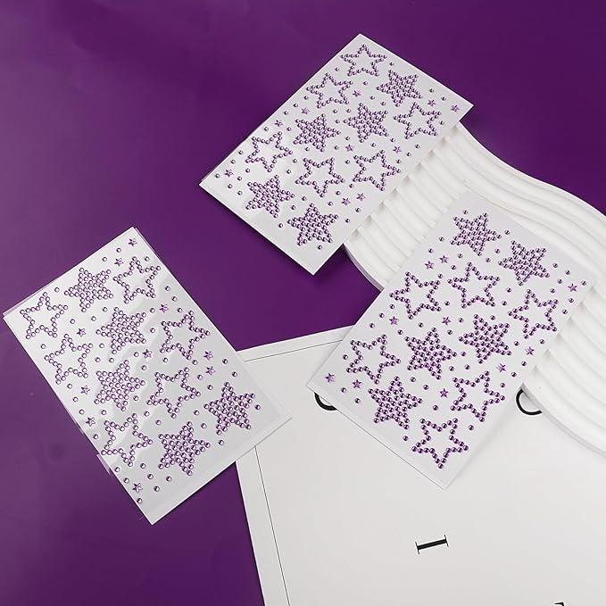 3 Sheets Star Rhinestone Stickers Light Purple Adhesive Gems Face Jewels Stickers Bling Hair Diamond Decals Sparkly Crystal Pearls for Body Face Nails Crafts Decoration