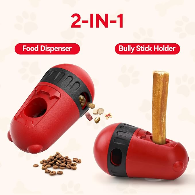 LIFLIX 2 in 1 Interactive Treat Dispensing Dog Toys, Bully Stick Holder, Adjustable Dog Treat Holder for Medium & Large Dogs, Safety Device to Prevent Choking, Red
