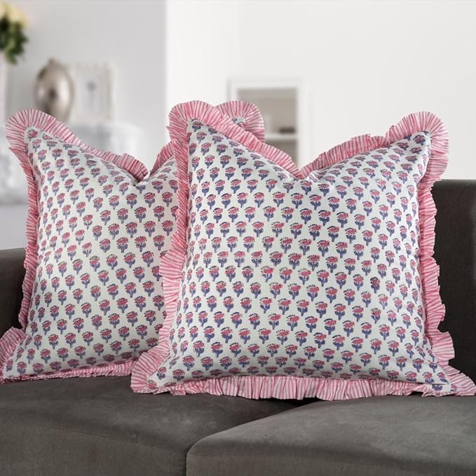 CPC Pink Sapphire Ruffle Throw Pillow Covers for Couch, 24x24 Inch Cotton Stripe Ruffle Couch Pillows for Living Room, Hidden 20 Inch Zipper Boho Pillow Case or Cute Outdoor Pillows