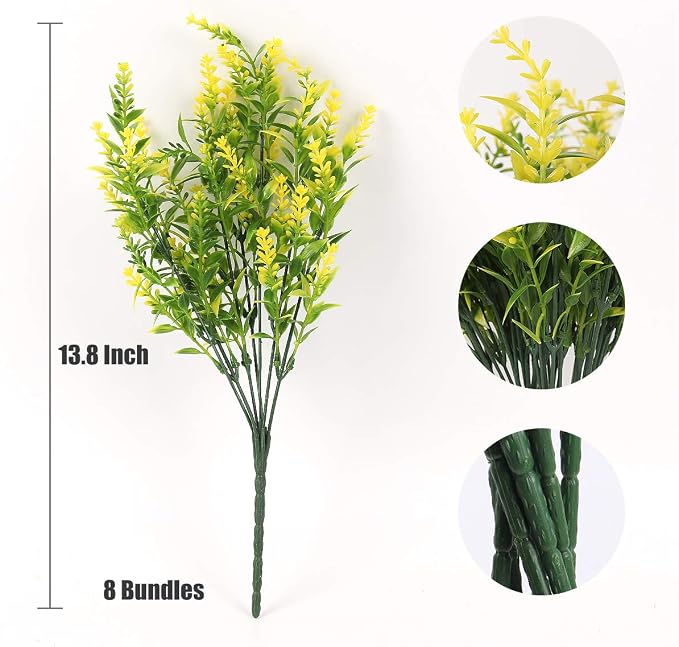 RECUTMS 8Pcs Artificial Lavender Flowers for Outdoor Decoration,Fake Shrubs | Spring Fall Decor,Yellow Faux Flowers For Outdoor Planters UV Resistant Faux Greenery Bushes House Garden Patio Indoor Decor