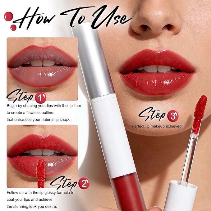 Dual-Head Lip Liner and Gloss Pen, Moisturizing Smooth Long Lasting Waterproof Smudge Proof for Perfectly Defined Lips and Glossy Finish Ideal for Makeup Lovers 03