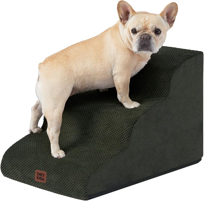 EHEYCIGA Curved Dog Stairs Ramp, 3-Step Dog Steps, 15.7" H Pet Step | 33D density of pure foam, for Small Dogs and Cats, Pet Stairs for High Bed Climbing, Non-Slip Balanced Indoor, Military Green