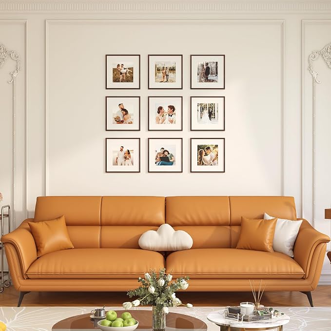 12x12 Picture Frame Set of 9, Display Pictures 8x8 with Mat or 12x12 without Mat, Multi Collage Gallery Square Photo Frames for Wall or Tabletop, Brown