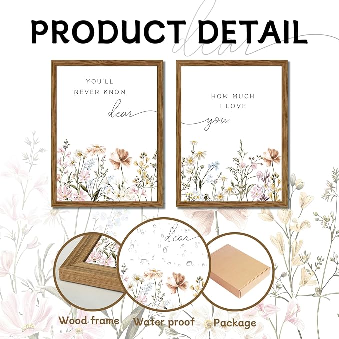 Wood Framed Wildflower Nursery Wall Art Set of 2, Boho Flower Botanical Wall Decor Paintings, Baby Girl Nurseries Pictures Posters Prints for Nursery Baby Room Bedroom Home Decoration 16x24 Inch