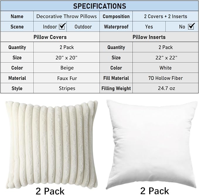 Decorative Throw Pillow with Inserts, Set of 2 Soft Faux Fur Throw Pillows, Square Boho Striped Pillow for Couch, Bed, Sofa Decor (Beige, 20" x 20"(Pack of 2))