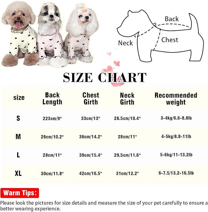 Pet Clothes for Small Dogs Cat Summer Fall Heart Print Shirt Stretchable Ruffle Long Sleeve Outfits for Chihuahua Schnauzer Shih Tzu Yorkie (Beige, Medium)