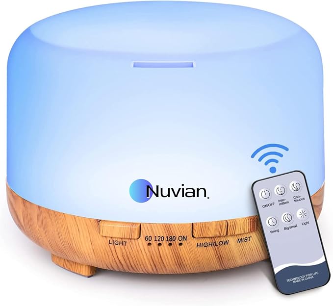 NUVIAN 500ml Essential Oil Diffuser, 5 in 1 Premium Ultrasonic Aromatherapy Fragrant Oil Vaporizer Humidifier with Remote Control, 3 Timer and Auto-Off Safety Switch, 7 LED Light Colors
