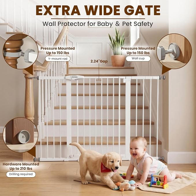 Mumeasy 36" Extra Tall Baby Gate for Stairs, 29.7-54.2" Wide Dog Gate for Doorways, Walk Thru Pet Safety Gate for Indoor, Pressure Mounted with Auto Close, Easy Install No Drill for Toddlers, White