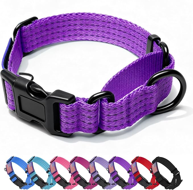 Martingale Dog Collar Reflective NO Pull with USA Flag, M, Purple