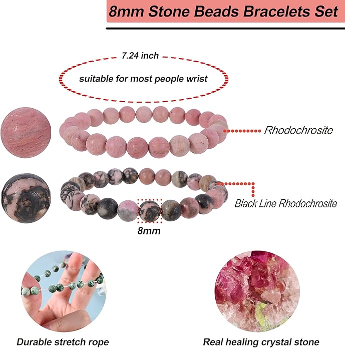 Bivei Natural Gemstone Semi Precious Healing Crystals Handmade Stretchy Round Beads Bracelet,Stocking Stuffers for Women Enhance Positive Energy