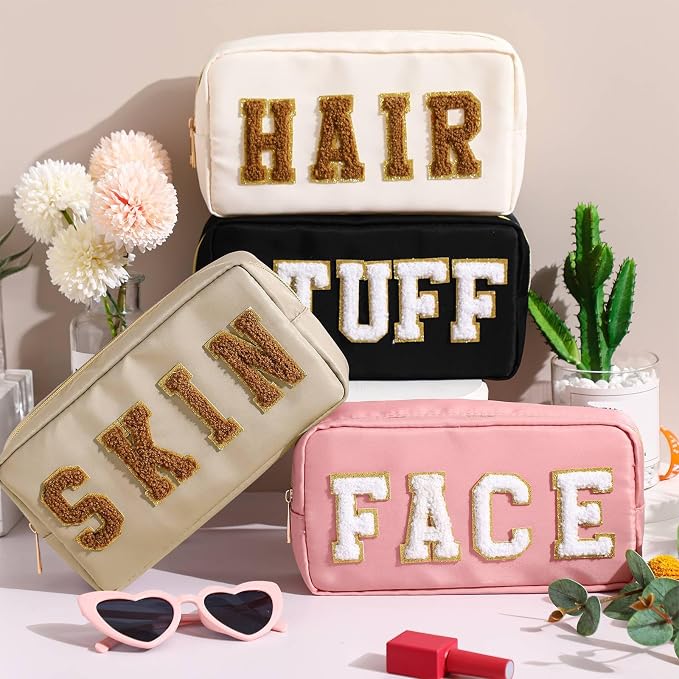 Preppy Makeup Bags Chenille Letter Stuff Bag Nylon Cosmetic Pouch Cases with Zipper for Women Travel Toiletry(Cute Color,Classic,4 Pcs)
