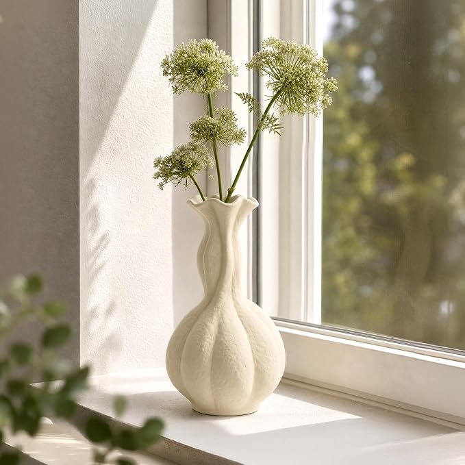 DOWAN 10 Inch Ceramic Vase for Flowers, Tall Warm White Decorative Vase with Narrow Neck, Modern Sculptural Flower Vase for Table, Entryway and Mantel Decor