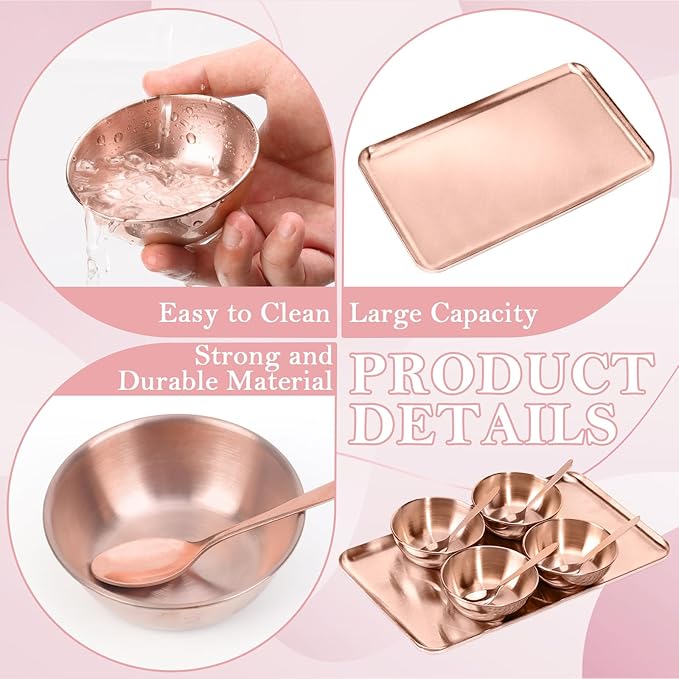 9 Pcs Gold Facial Supplies Large Rose Gold Skincare Tray 4 Stainless Steel Facial Mask Mixing Bowls 4 Esthetician Mixing Spoons Spa Tray Esthetician Bowls for Mask Body Care Bathroom
