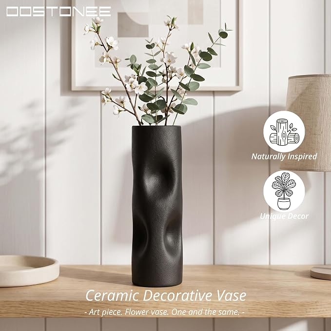 11 Inch Black Matte Ceramic Vase – Tall Flower Vase, Modern Geometric Decorative Accent for Living Room, Shelf, or Coffee Table
