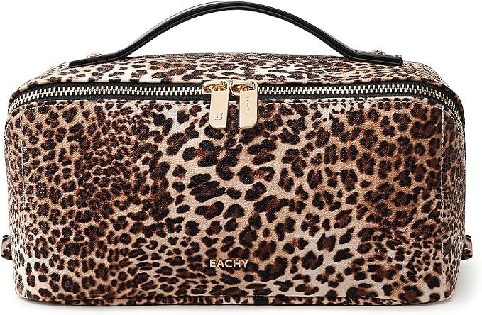 EACHY Travel Makeup Bag, Large Capacity Cosmetic Bag for Women, Waterproof PU Leather, Flat Open Portable Toiletry Bag for Skincare, Brushes & Travel Essentials