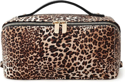 EACHY Travel Makeup Bag, Large Capacity Cosmetic Bag for Women, Waterproof PU Leather, Flat Open Portable Toiletry Bag for Skincare, Brushes & Travel Essentials