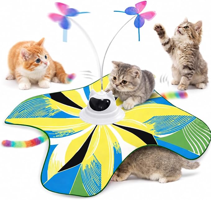 Interactive Cat Toy for Indoor Cats, Rechargeable 3-in-1 Hide and Seek Cat Toy with Spinning Butterfly & Plush Tail, Ultra-Quiet Touch Activated Self Play Cat Exercise Toy for Adult Cats & Kittens