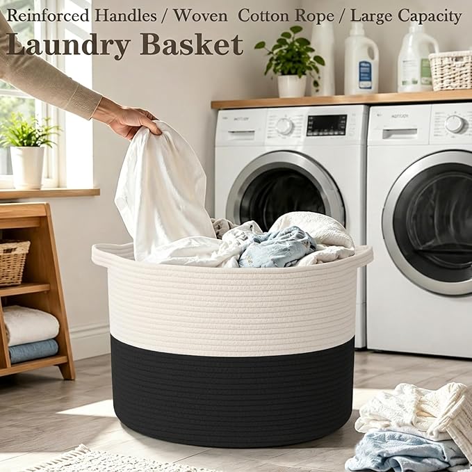 115L Extra Large Blanket Basket,Woven Laundry Basket-White&Black | Collapsible, reinforced handles, nursery storage bin organizes clothes, toys and pillows for living room, bedroom bathroom