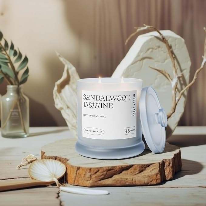 Hidden Label Sandalwood Jasmine Candle, 13oz 2-Wick Soy, 45H Aromatherapy | 45+ Hour Burn | Woody Floral Essential Oils | Non Toxic Plant Wax | Frosted Glass Home Decor | Meditation Gift