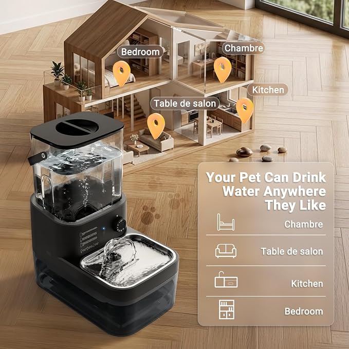 3L Filterless Cat Water Fountain, Wireless, Wastewater Separation | 4000mAh Rechargeable Battery,Motion Sensor Activation,Separate Water Tanks,Gravity Water Refill,Stainless Steel Bowls,Quiet