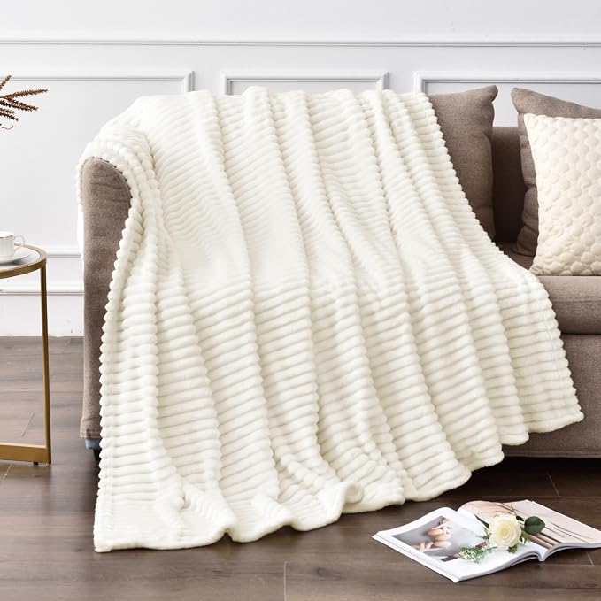 BEDELITE 3D Ribbed Jacquard Cream Fleece Twin Blanket for Bed, 60x80 Inch | Soft Warm Decorative Fluffy Blanket, Cozy Plush Lightweight Fuzzy Throw Blanket for Couch Sofa Room Decor, Gift for Women