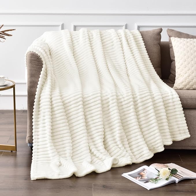 BEDELITE Ribbed Jacquard Cream Fleece Throw Blanket for Couch, 50x70 Inch | Soft Warm Decorative Fluffy Blanket, Cozy Plush Lightweight Fuzzy Throw Blanket for Bed Sofa Home Room Decor, Gift for Women