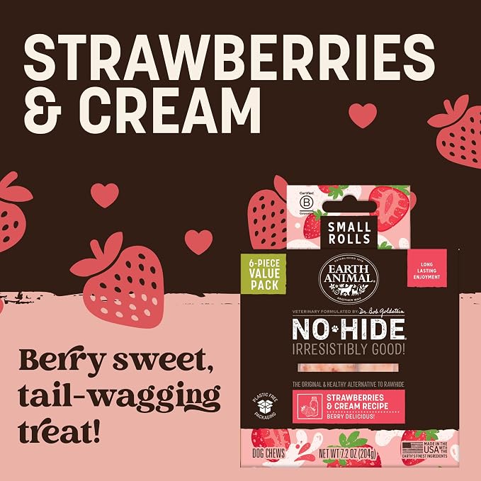 Earth Animal No Hide Dog Chews - Small Rolls 6 Count Strawberries & Cream | Small Rolls Strawberries & Cream Flavored Natural Rawhide Free Long Lasting Dog Chews - Pet Treats for Small Dogs