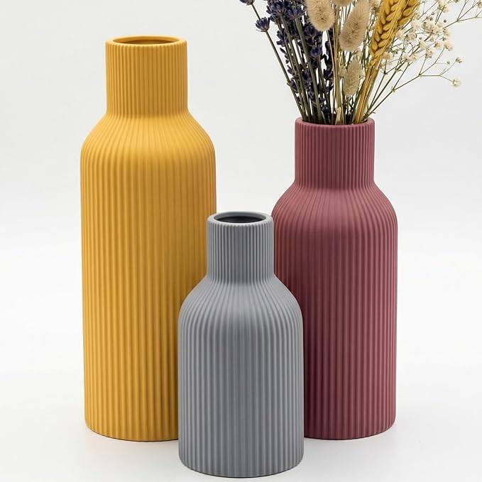 Colorful Ceramic Vases Set of 3, Matte Vertical Ribbed, Minimalist for Pampas Grass &Fresh Flowers, Centerpiece for Living Room,Shelf,Wedding (Mustard Yellow, Dusty Gray, Burgundy)