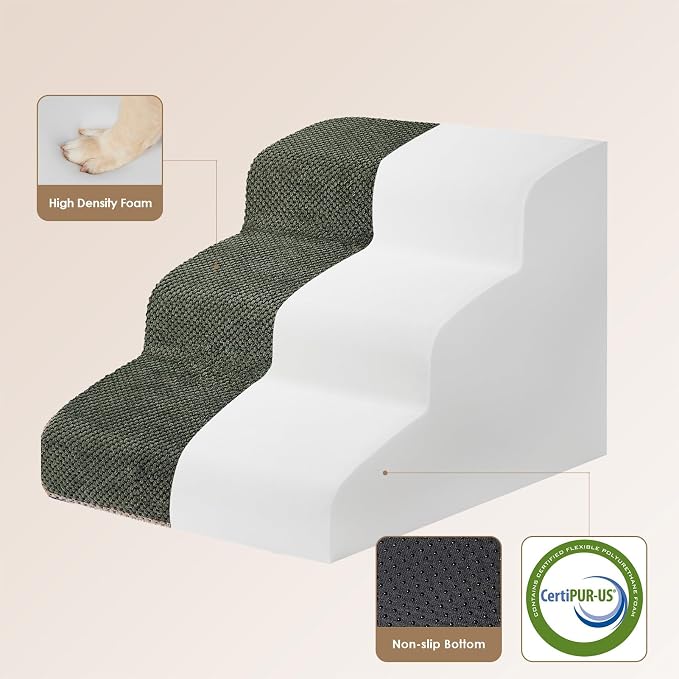 EHEYCIGA Curved Dog Stairs Ramp, 3-Step Dog Steps, 15.7" H Pet Step | 33D density of pure foam, for Small Dogs and Cats, Pet Stairs for High Bed Climbing, Non-Slip Balanced Indoor, Military Green