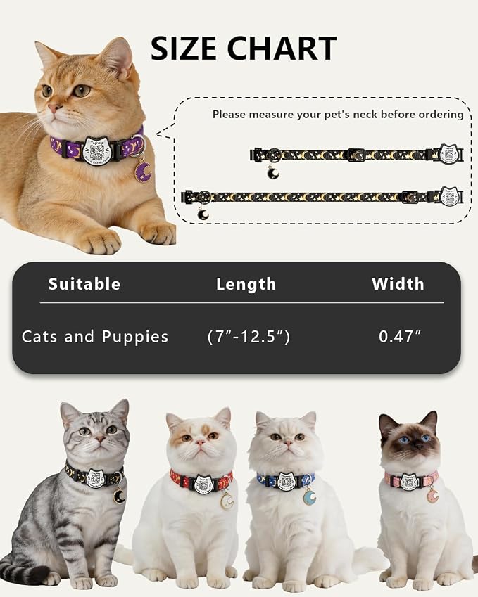 Stars and Moon Breakaway Cat Collars with Smart QR Code,Kitten Collar and Adjustable with Pendant Glow,Cute Kitty Collar for Girl Boy Cats,Pet Gifts,Accessories (Purple)