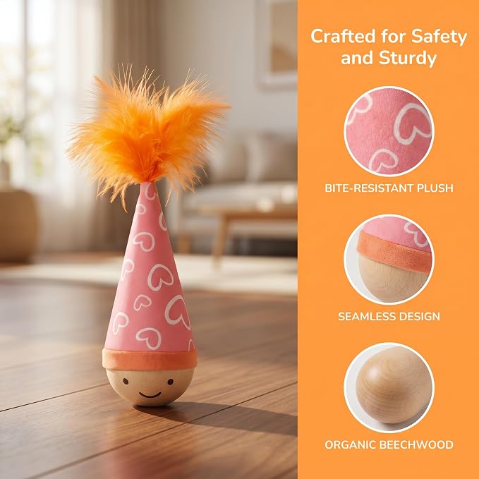 Wooden Wobble Cat Toy, 7in Self-Righting Tumbler for Indoor Cats, 2-Pack