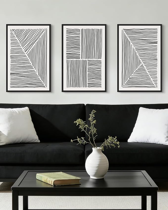 Drsoum Mid-Century Modern Framed Wall Art Large 16x24in Minimalist Abstract Boho Black Line Wall Decor Geometric Artwork Kitchen Dining Room Black Framed