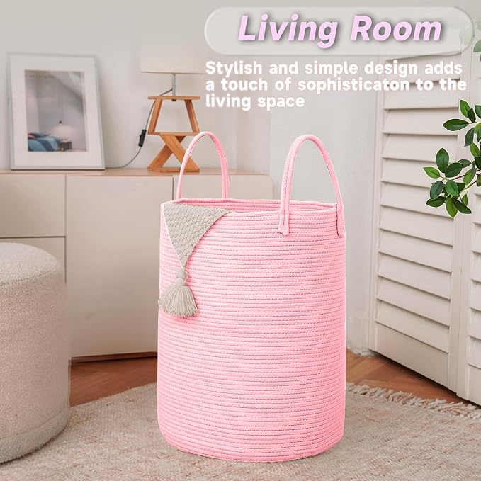 JMvicyroam 100L Cotton Rope Laundry Basket Hamper, Pink | Collapsible laundry basket, reinforced handles, freestanding, machine washable, holds 3-5 thick blankets, clothes or toys