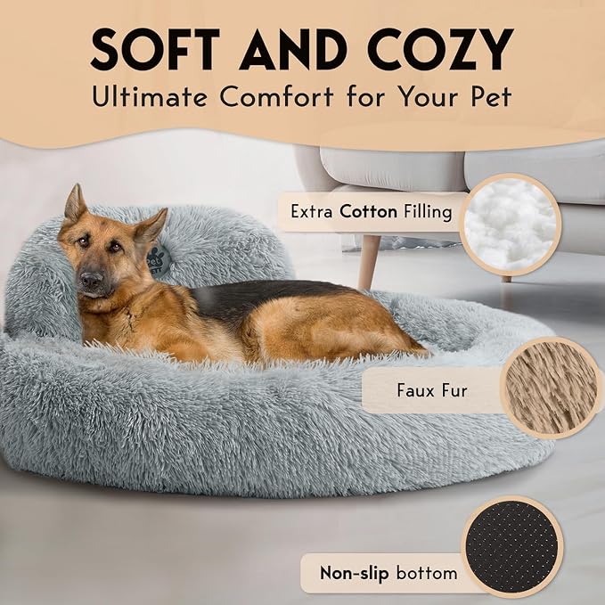 PetJett XL Dog Beds for Large Sized Dog - 45'' Extra Large Dog Bed, Anti-Slip & Washable Super Soft Round Donut Bed, Fluffy Faux Fur Anti-Anxiety Premium Comfort Pet Bed, Fits Dogs up to 120 lbs