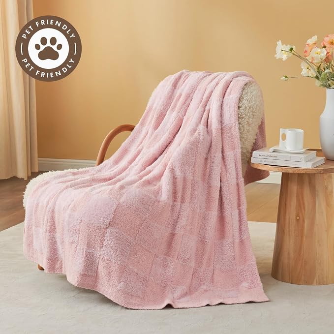 Snuggle Sac Checkered Throw Blanket,Fluffy Faux Fur Knitted with Soft Microfiber Warm Throw Blankets for Couch, Sofa, Chair, Bed, Camping, Picnic, Travel, Solid Pink, 50x60 inches