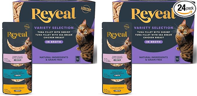 Reveal Natural Wet Cat Food, 12 Count, Grain Free, Limited Ingredient Cat Food Pouches, Fish and Chicken Variety in Broth, 2.47 oz Pouches (Pack of 2)