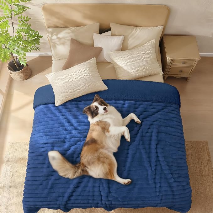 Luciphia Waterproof Dog Blanket, Washable Reversible Flannel Pet Throw | Reversible fleece cover for couch, bed, and crate; calming, and claw-resistant for dogs, cats, puppies Blue L(65''x57'')