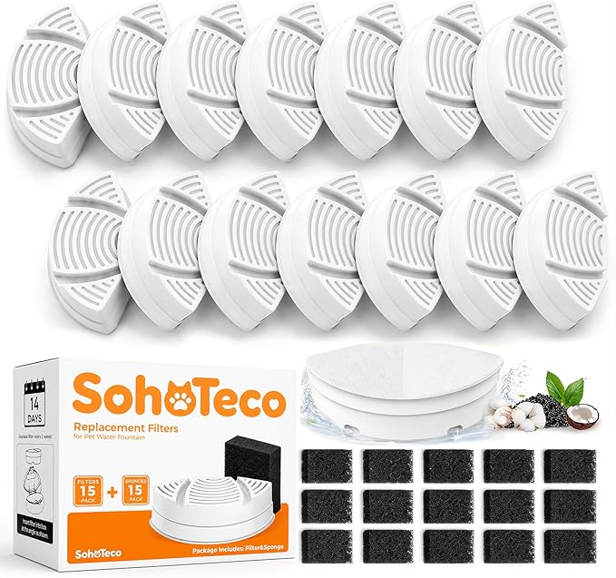 Official Replacement Filters for Pet Water Fountain | 15 Pack Replacement Filters - Self-Designed Filtration System - Easy Filter Changes - Compatible with SohoTeco Fountain