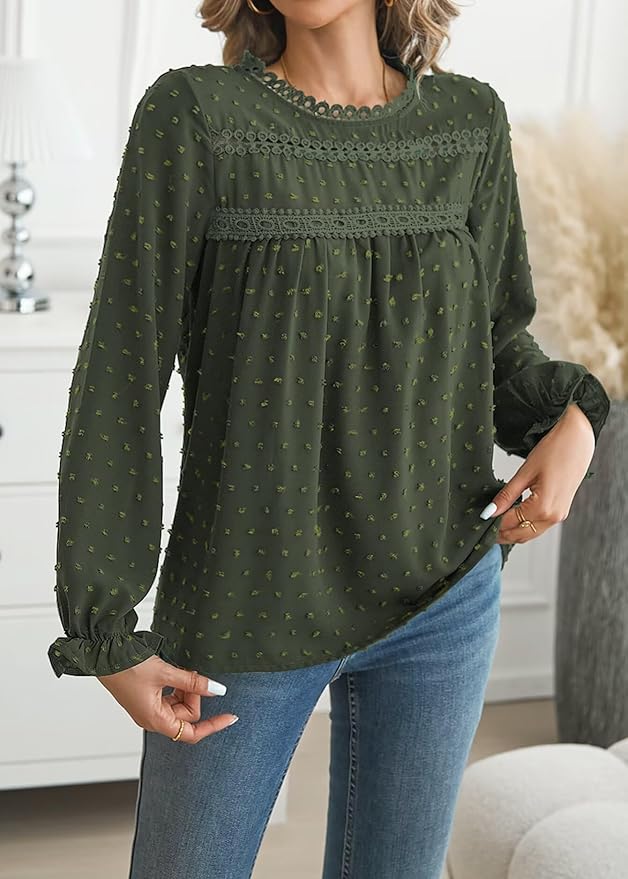 Womens Boho Tops Long Sleeve Shirts For Women Cute Crewneck Blouse Dressy Casual Swiss Dot Crochet Hollow Top 2026