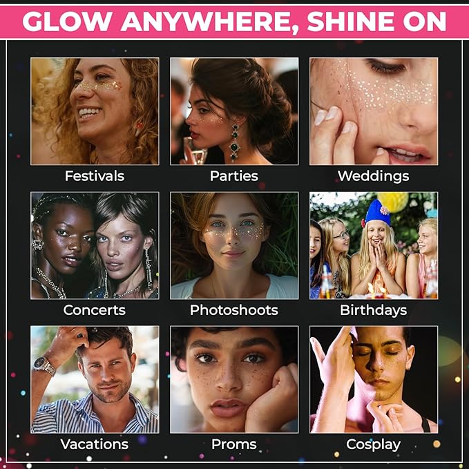 GlowVibes212 Glitter Freckles Face Tattoo - Glow in the Dark Freckles for Parties - Waterproof Face Glitter Freckles - Temporary Freckles - Cute Glow Party Makeup Accessories - 6 count