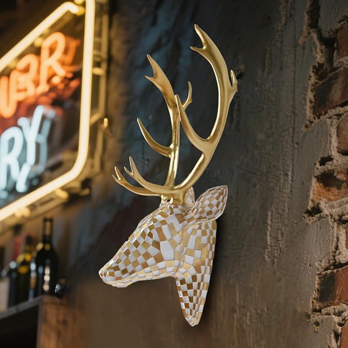 GIGICICI Mosaic Deer Head Wall Decor 15.7x8.7 Inch, Artistic Faux Resin Animal Head Wall Sculpture Hanging for Living Room Bedroom Kitchen Office, White-Gold Gift