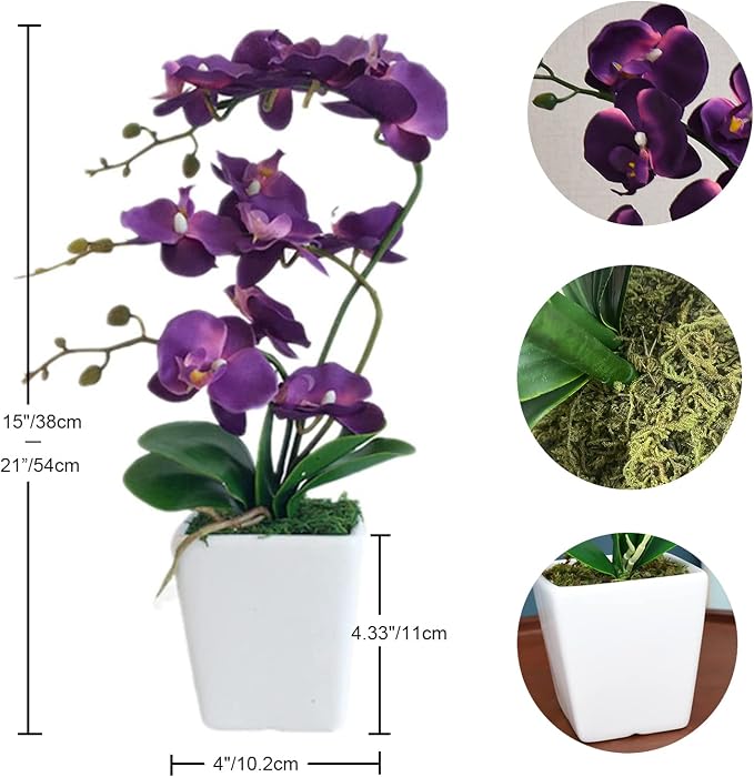 15" Silk Phalaenopsis Orchid in Square Pot, Dark Purple Flower Arrangements | Lifelike Faux Potted Blooms with Moss in a Ceramic Planter. Looks Real, Zero Upkeep, Ideal Centerpiece for Any Table